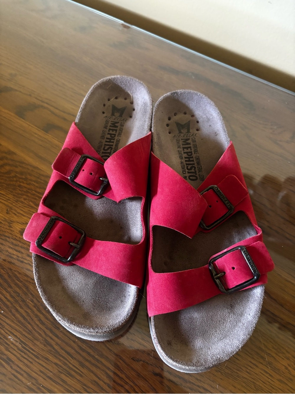 Mephisto Red Double-Buckle Suede Slide Sandals